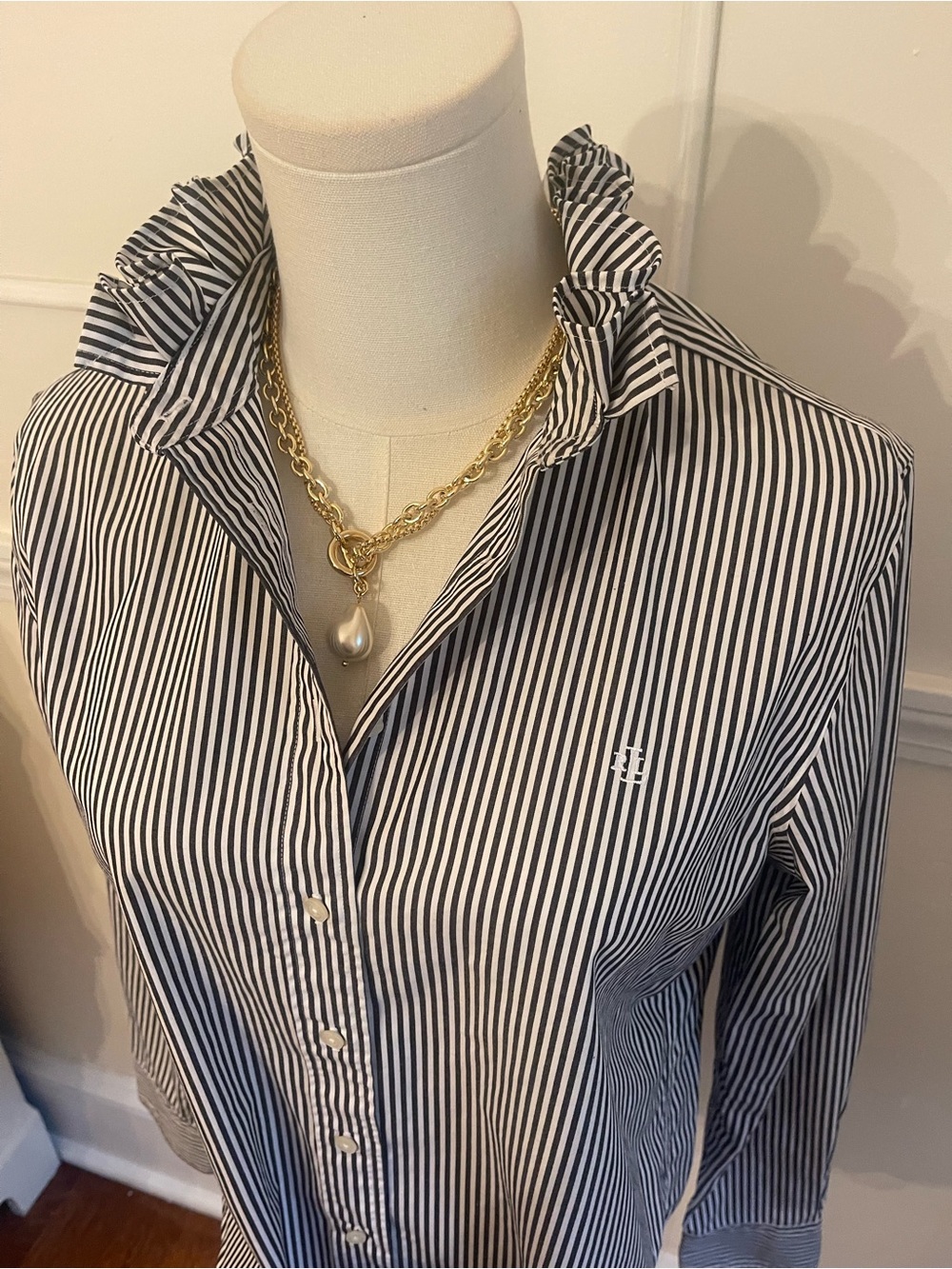 Ralph Lauren Black & White Striped Ruffle Collar Button-Down Shirt